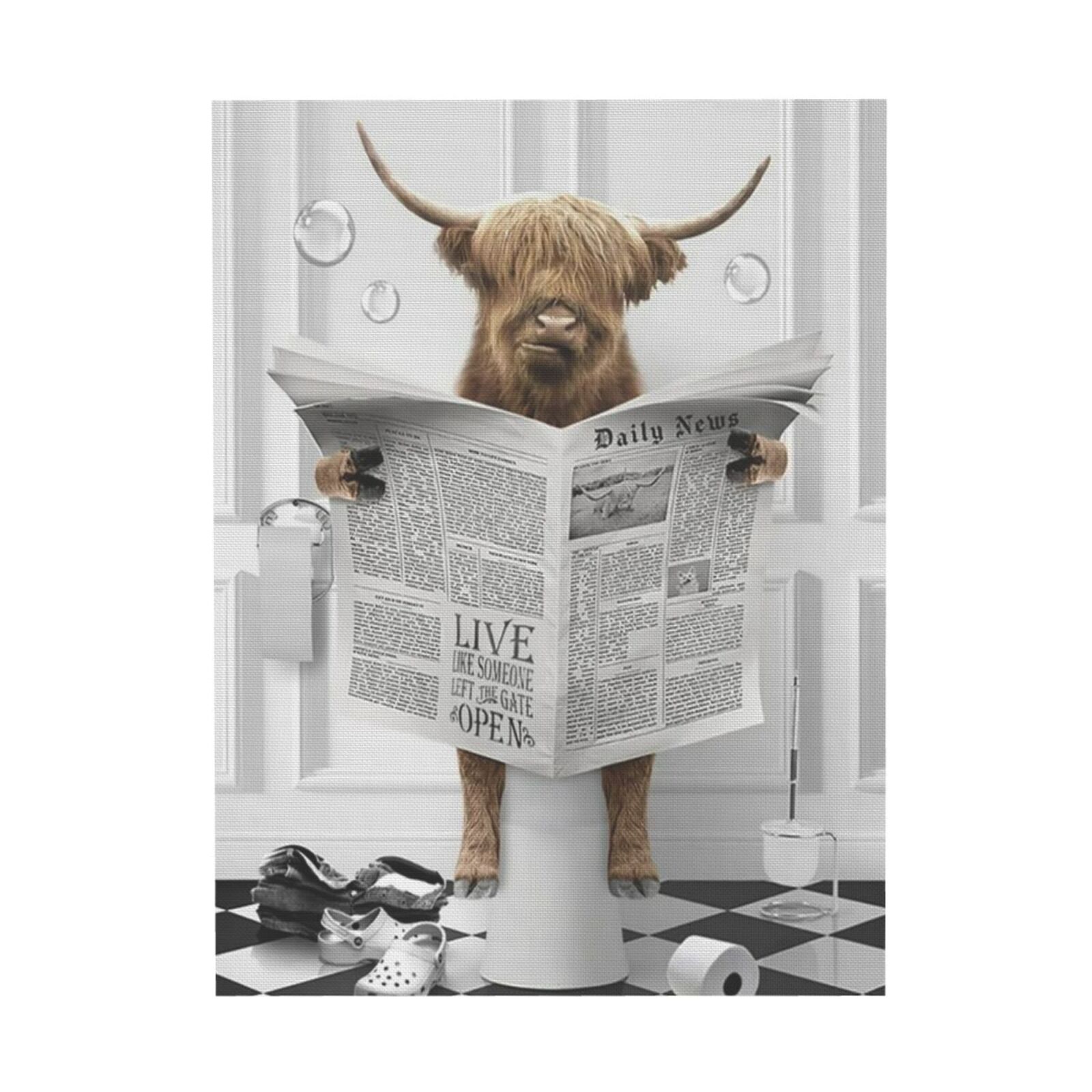 WFSposter Highland Cow Sitting On Toilet Wall Art Funny Highland Cow Sitting On Toilet Reading Newspaper Canvas Bathroom Decor