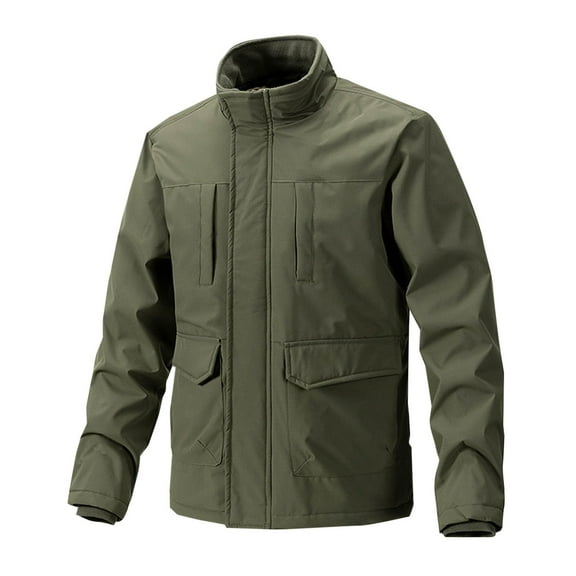 ZCFZJW Men's Casual Outdoor Full Zip up Jacket Long Sleeve Stand Collar Warm Winter Windbreaker Coat for Men with Zipper Multi-Pockets Army Green XXXL