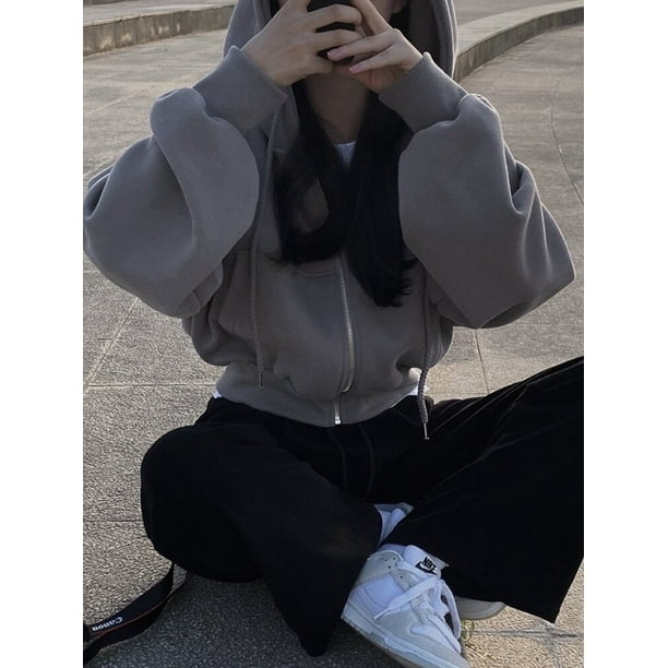 Sudadera con capucha y cremallera para mujer abrigos cortos de gran tamano estilo coreano con Bolsillos y cordon Color liso Harajuku Otono e Invierno Walmart en linea