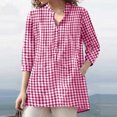 thumbnail image 2 of cfhntfmh 3/4 Length Sleeve Shirts for Women Fashion V Neck Collared Buttons up Blouses Summer Casual Loose Plaid Tunic Tops, 2 of 6