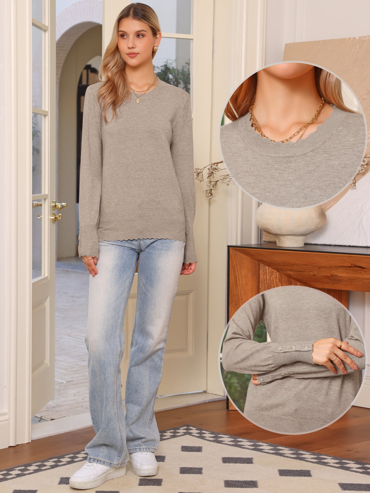 DARING DIVA Women's Lightweight Crew Neck Long Sleeve Sweaters Tops L Camel