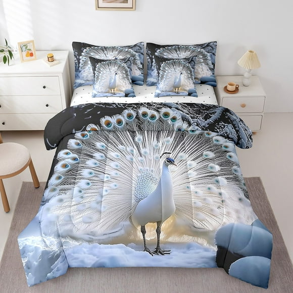 Peacock 7 Pieces Bedding Set Queen,White Peacock Feather Aesthetic Bed in a Bag for Teens,Fashion Wild Animal Winter Snowy Land Comforter Set with Sheets,Pillow Covers
