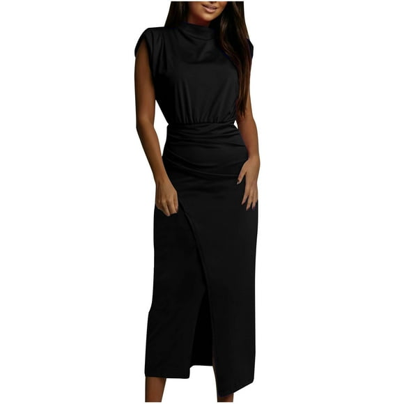 Hinvhai Women's Sleeveless Bodycon Maxi Dress Clearance Mock Neck Ruched Side Slit Long Tank Dress Black M(M)