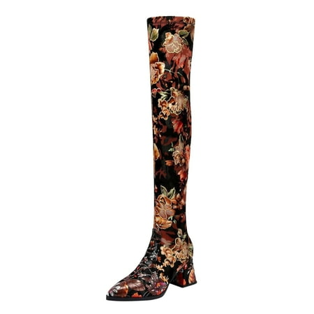 

SEMIMAY Custom Made Ladies Winter Boots Pointed Toe Floral Print Skintight Stiletto Heel Booties Fashion Thigh High Boot