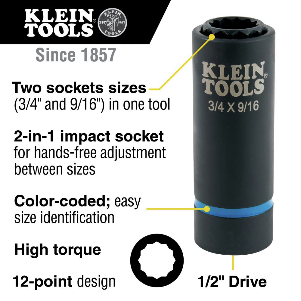 Klein Tools 2-in-1 Impact Socket, 12-Point, 3/4 and 9/16-Inch