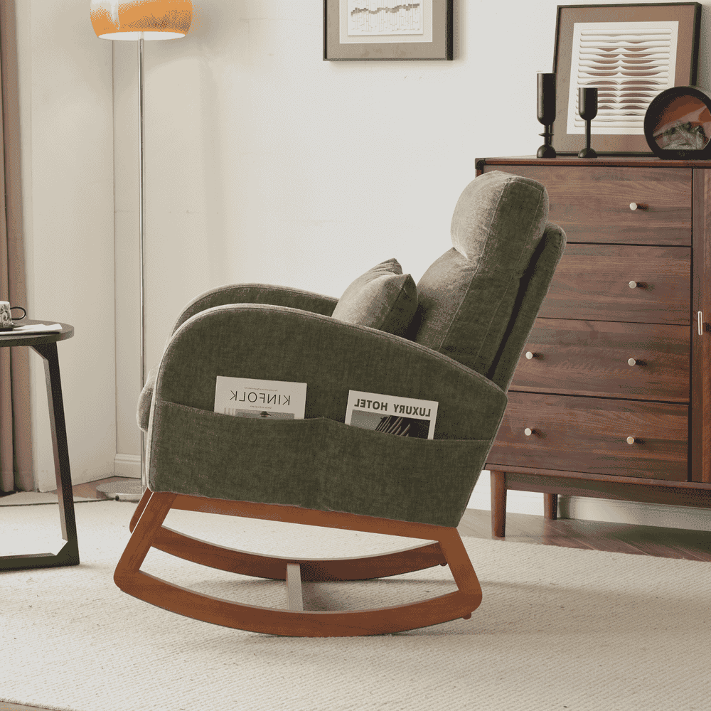Spaco Linen Rocking Chair with Thick Headrest, Upholstered Mid-Century Modern Nursing Rocker Glider with Curved Armrest and Sturdy Solid Wood Base for Living Room, Bedroom, Baby Room, Green