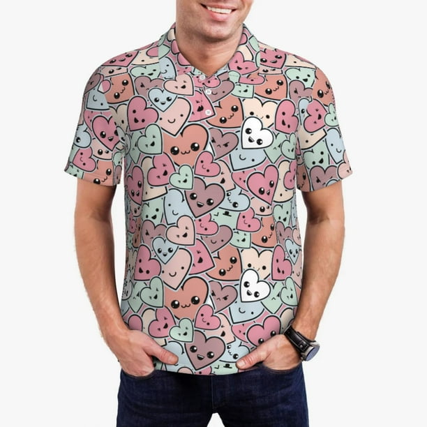 Balery Cartoon Hearts Camisa Polo de Hombre con Estampado, de Manga Corta y Tejido Medio, Camisa Tipo Golf Polo-4X-Large