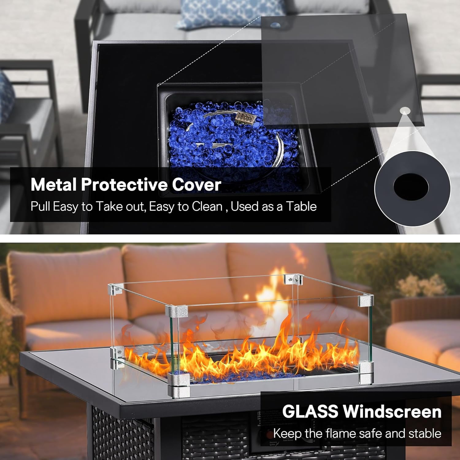 28" Propane Fire Pit Table, 50,000 BTU Steel Gas Firepit, Rectangular Fire Pits with Cover, CSA Certified, Pulse Ignition,Glass Stone,Wind Guard, Ideal for Outdoor Patio,Dining-Black
