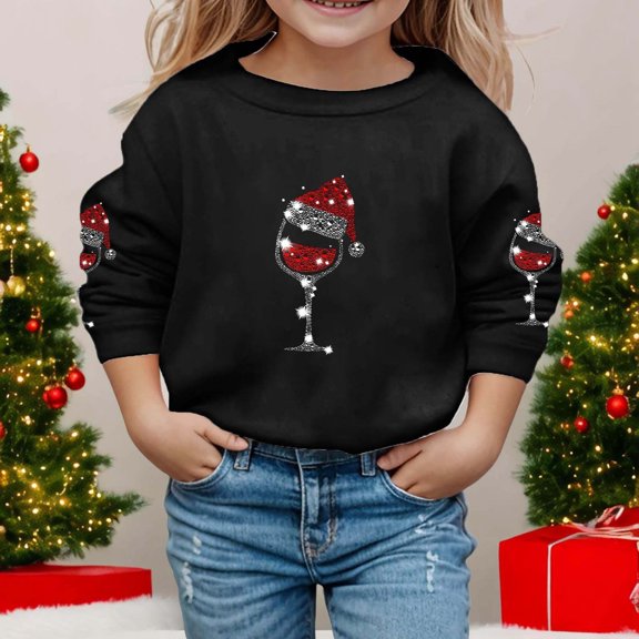 Boys Sweatshirts Boys Girls Christmas Crew Neck Long Sleeve Hoodless Sweatshirt Black 5-6 Years