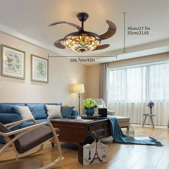 Tiffany Style Ceiling Fan Light Glass Shade Retractable Lamp Chandelier Stained for Bedroom, Living Room