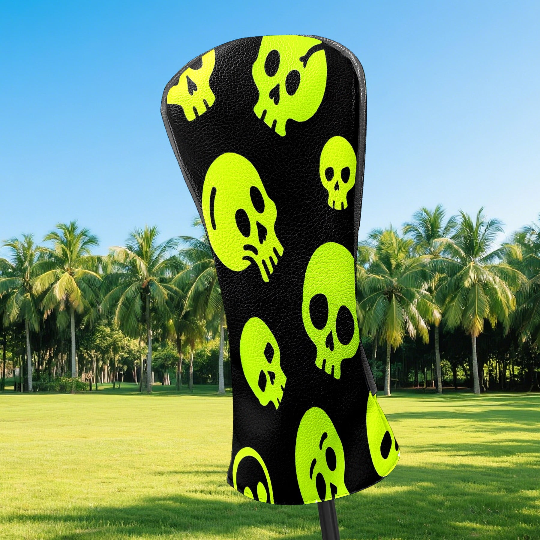 Golf Club Covers, Yellow Skeleton Premium PU Leather Driver Hybrid Putter Head Covers with Velvet Lining, Waterproof Golf Gifts for Men Women