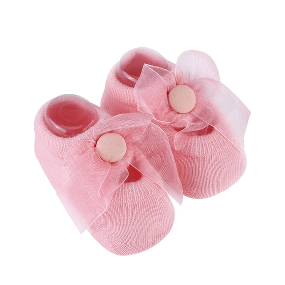 Juego de 3 pares de calcetines de algodón antideslizantes con lazo de flores y encaje para bebés pequeños, color rosa, talla S (0 a 1 año)