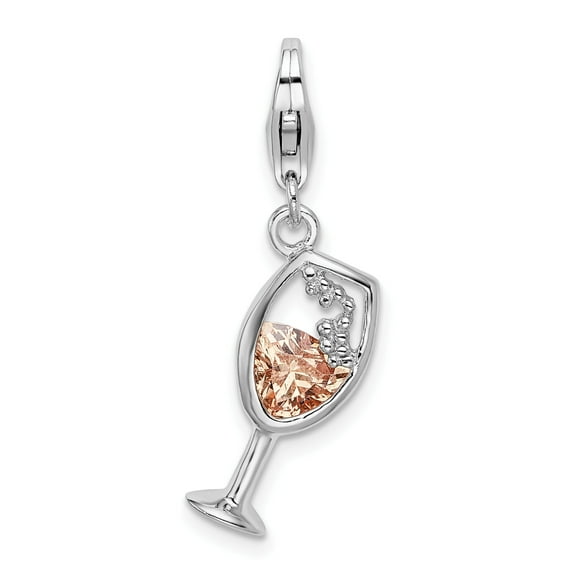 Sterling Silver CZ Champagne GlaSterling Silver Lobster Clasp Charm