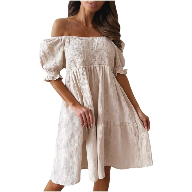 knee length dresses for ladies Evita Off-Shoulder Midi Dress (Beige) – Deseo main image 0