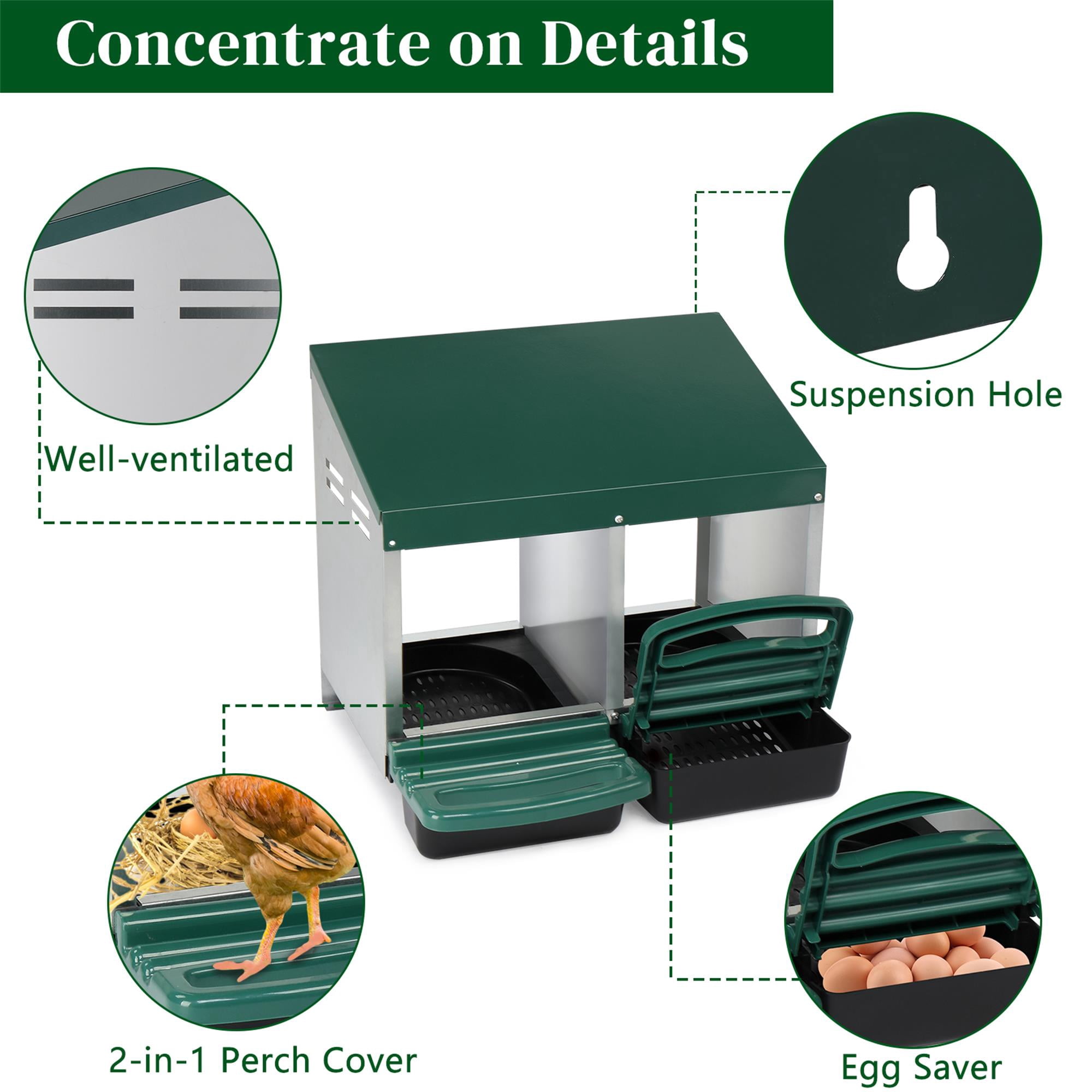 Pefilos Chicken Nesting Box, 2 Compartment Metal Chicken Laying Box with Plastic Basket, Poultry Nest Boxes, Rust Proofed Wall Mount Chicken Coop Boxes, Green