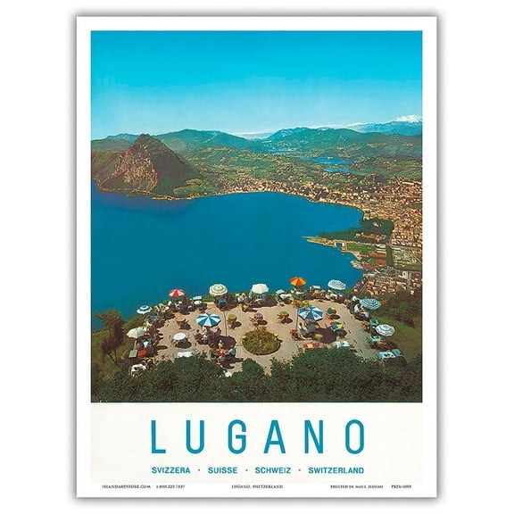 Lugano - Svizzera Suisse Schweiz Switzerland - Aerial View of Lake Lugano - Vintage Travel Poster by Vicari V. 1957 - Master Art Print (Unframed) 9in x 12in