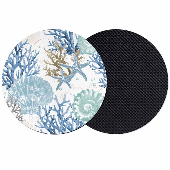 Blue Teal Coastal Coasters Set of 2, Summer Beach Nautical Coral Starfish Absorbent Coasters for Drinks, Coaster for Bar Office Dining Coffee Table Accessories Decor, Non Slip Round Desk Coaster