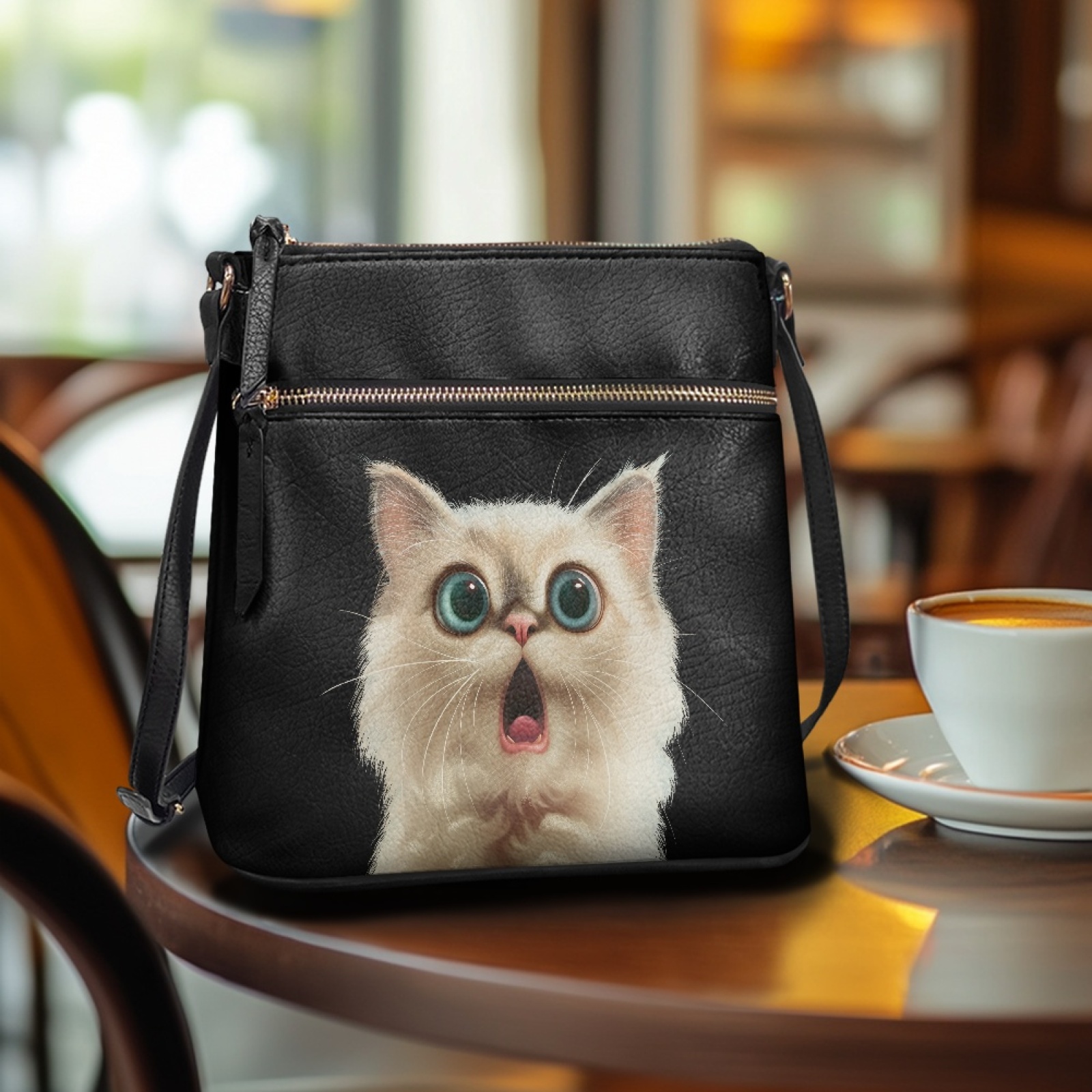 LedBack Cat Print PU Leather Satchel Purse Handbag for Women Ladies, Crossbody Hobo Purse Zipper Shoulder Handbag with Adjustable Strap for Shopping Travel, Black