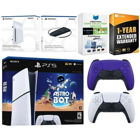 Sony PlayStation 5 Astro Bot Slim Digital Bundle with Disc Drive, Extra Controller, Vertical Stand, MightySkins Game Collection Services and 1 Year Extended Warranty - Galactic Purple