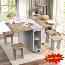 Tcbosik 5 Pieces Dining Table Set, Kitchen Table with Drop Leaf and Wheels & 4 Small Stools, Multi-Function Extendable Table with Storage Shelves for Small Space, Brown Gray