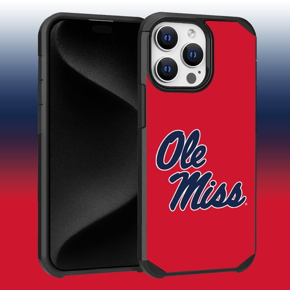 Apple iPhone 15 Pro Max (6.7) - Licensed NCAA University of Mississippi Ole Miss Rebels Logo on Blue Textured Dual Layer Case