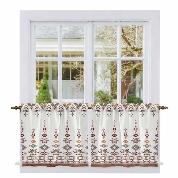 Retro Southwest Tier Curtains, Geometric Abstract Bohemia Native Tribal Light Filtering Kitchen Curtains, 2Pcs Rod Pocket Half Window Treatments Panels for Sink Cafe Cabinet Camper 27.5x36 Inches