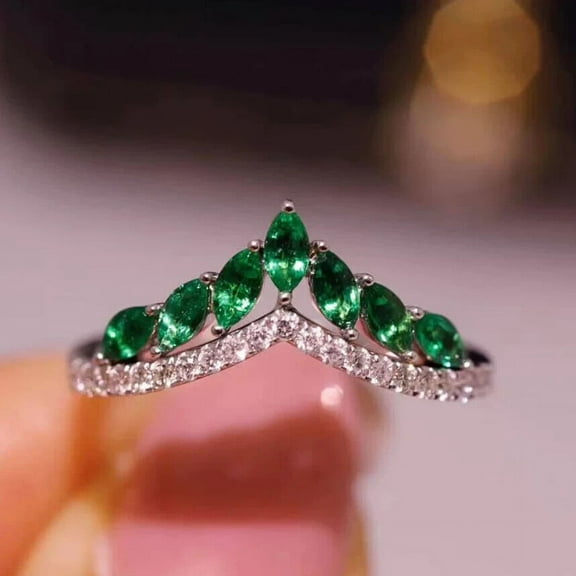 Gaspara Marquise Lab Created Green Emerald Women Wedding Ring 14K White Gold Plated