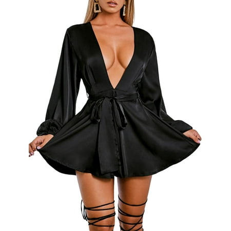 

XIAXAIXU Women Lingerie Robe Nightgown Pure Color Backless Dress with Waistband Deep V-Neck Slips Sleepwear Black M