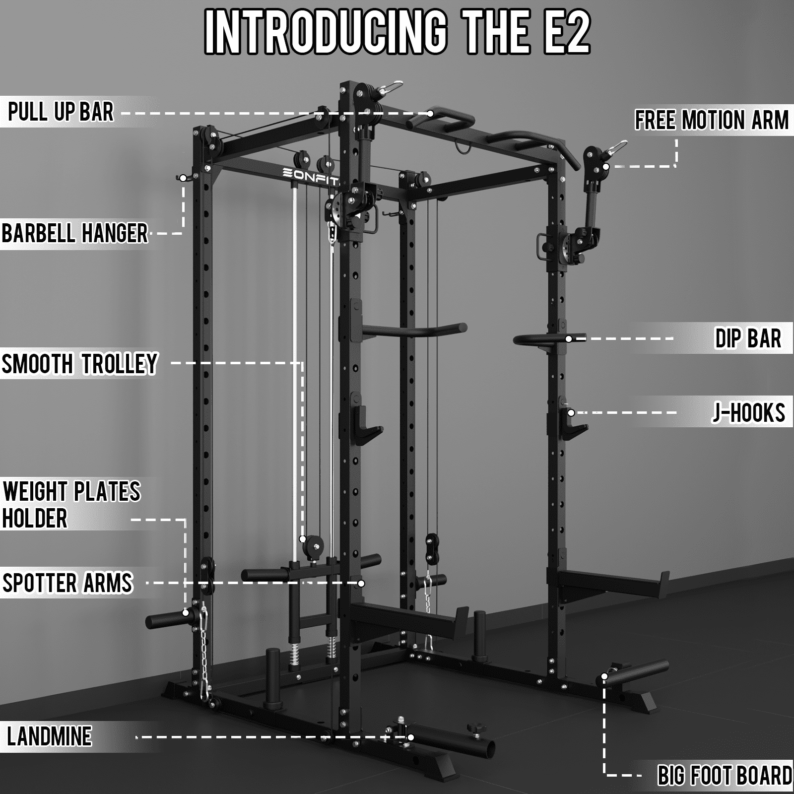 Eonfit E2 Power Cage with 3D Rotation Arms - Multi-Functional Power Rack for Home Gym. 1500lb Squat Rack for Home Gym. Pulley System for Cable Crossover & LAT Pulldown (E2 BLK PRO)