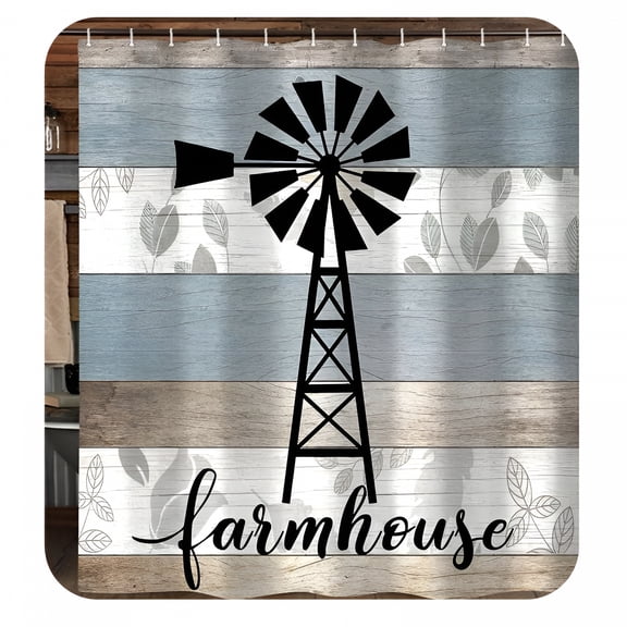 AUQ Farmhouse Shower Curtain,Black Windmill Teal Grey Vintage Rustic Country Wooden Plank Bathroom Curtain,Farm Wood Barn Door Polyester Fabric Shower Curtain Set with Hooks,69X70Inches