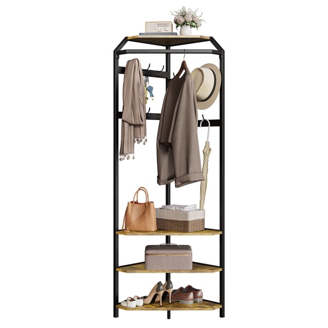 QinaQin Corner Coat Rack, 3 Shelves and 12 Hooks, Entryway Coat Rack, Industrial Style Coat Rack Storage Rack, with Shoe Cabinet
