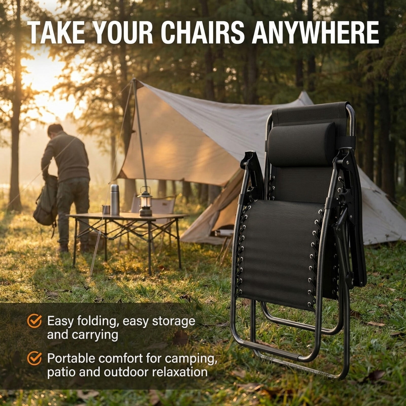 Easy4Home 2 pcs Zero Gravity Lounge Chairs, Foldable Reclining Camping Chairs