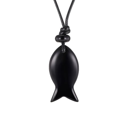 HIRPLIS Stone Fish Pendant Necklace for Women Men Adjustable Wax Cord Stainless Steel Gold Plated Religious Prayer Faith Punk Statement Personalized Gift Jewelry Black