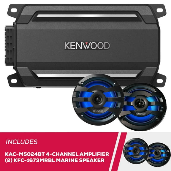 Kenwood KAC-M5024BT 4 Channel Bluetooth, Compact Amplifier with 2 Pairs of KFC-1673MRBL 6.5" 2-way Marine Speaker W/ LED (Black)
