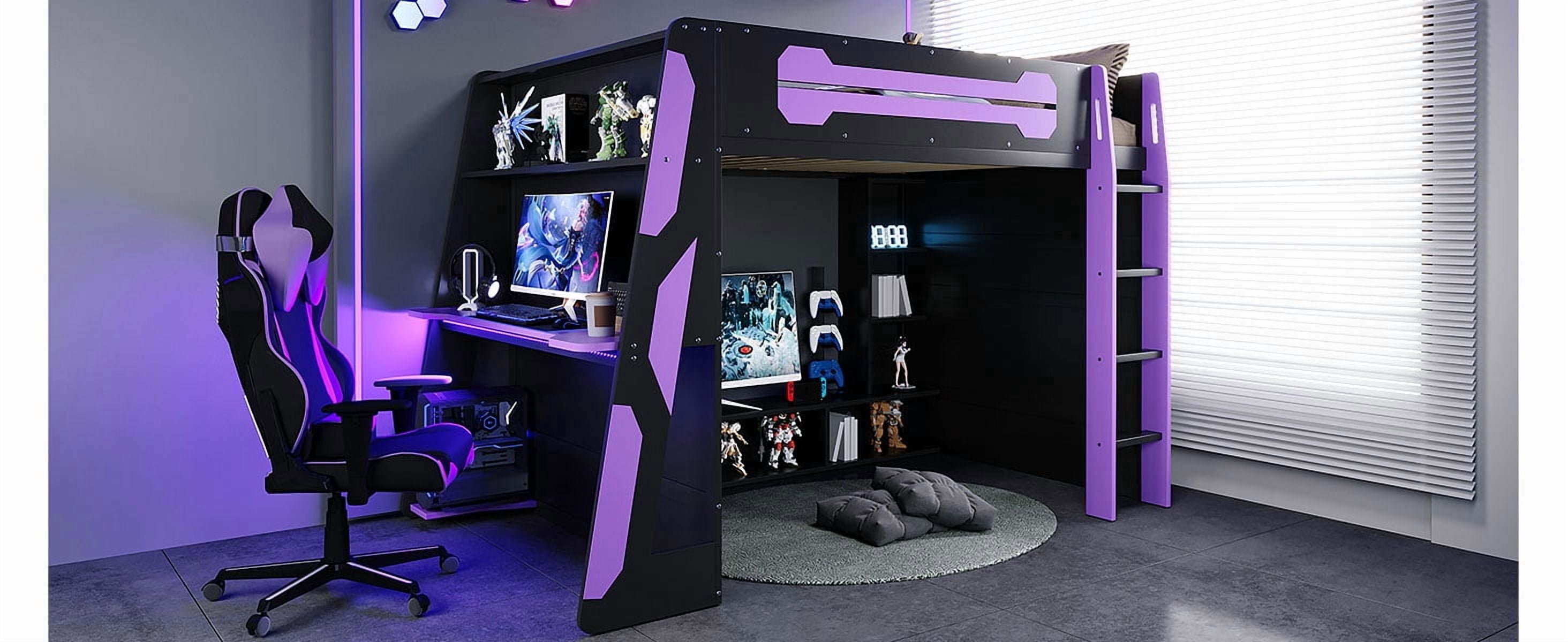 Mintazer Full Gaming Loft Bed with Desk & GB LED Light, Multifunctional Loft Bed with Multi-Tier Storage Shelves, Black & Purple