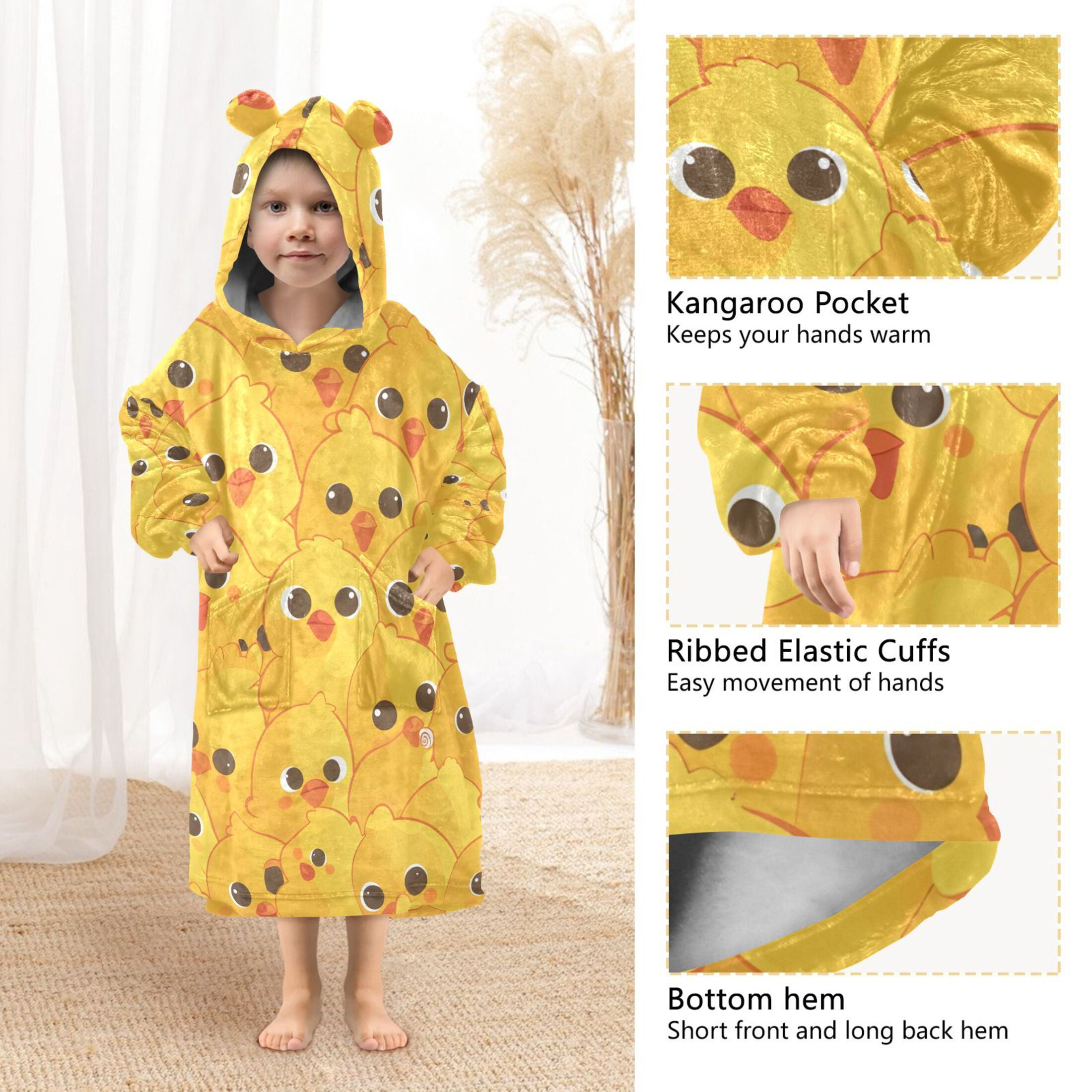joogoo Wearable Blanket Hoodie for Kids Cute Chickens Yellow Flannel Oversized Sweatshirt 3-14 Years L