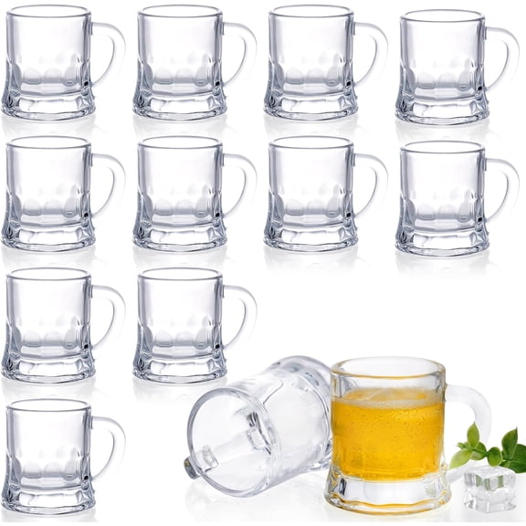 2 OZ Mini Beer Mug Shot Glasses with Handles, Mini Beer Shot Glass for Christmas Party Birthday BBQ, Beers Mugs for Freezer Men Women Father Dad Beers Whiskey, Shot Glasses Bulk(12 PCS, Glass)