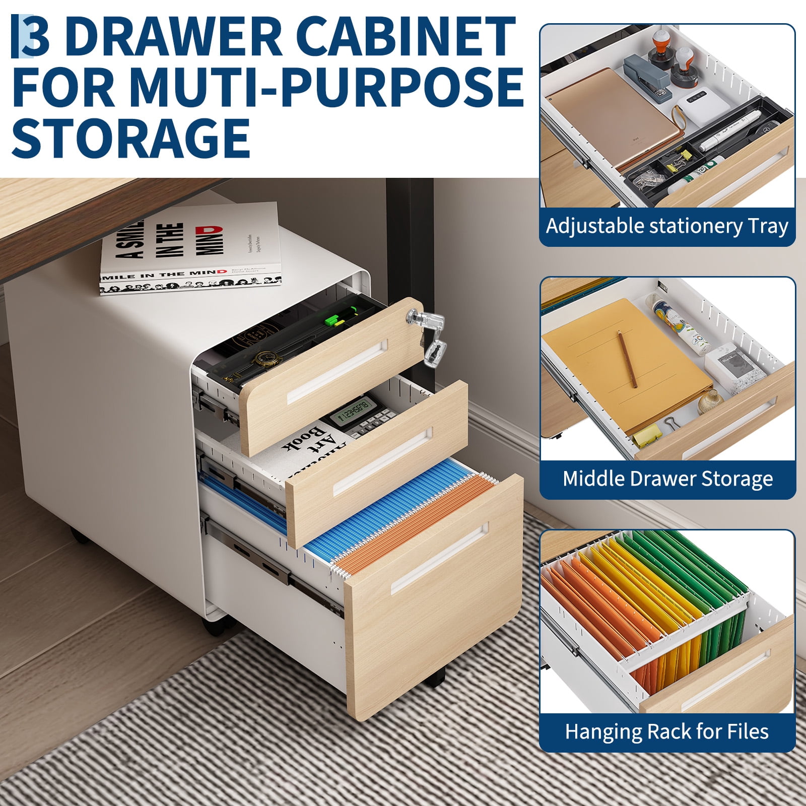 Towallmark Secure 3 Drawer Metal File Cabinet with Lock – Fully Assembled Mobile Filing Cabinet for Home Office, Anti-Tilt 5 Wheels, Under Desk Storage for A4/Letter/Legal Size – Wood Grain