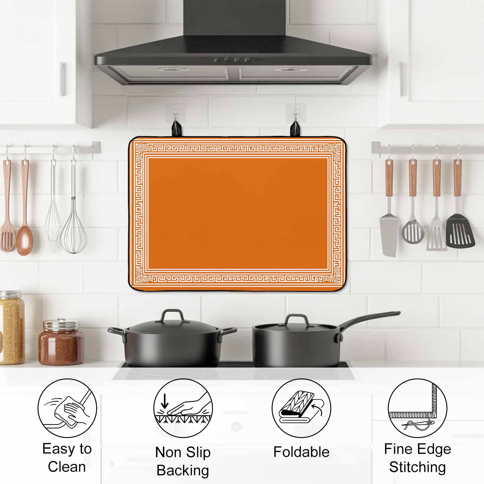 Burnt Orange Geometric Stove Top Cover for Electric Stove, Heat-proof & Non Slip Glass Top Stove Cover Protector, Country Greece Key Art Kitchen Flat Cooktop Rubber Mat 31x24 Inches