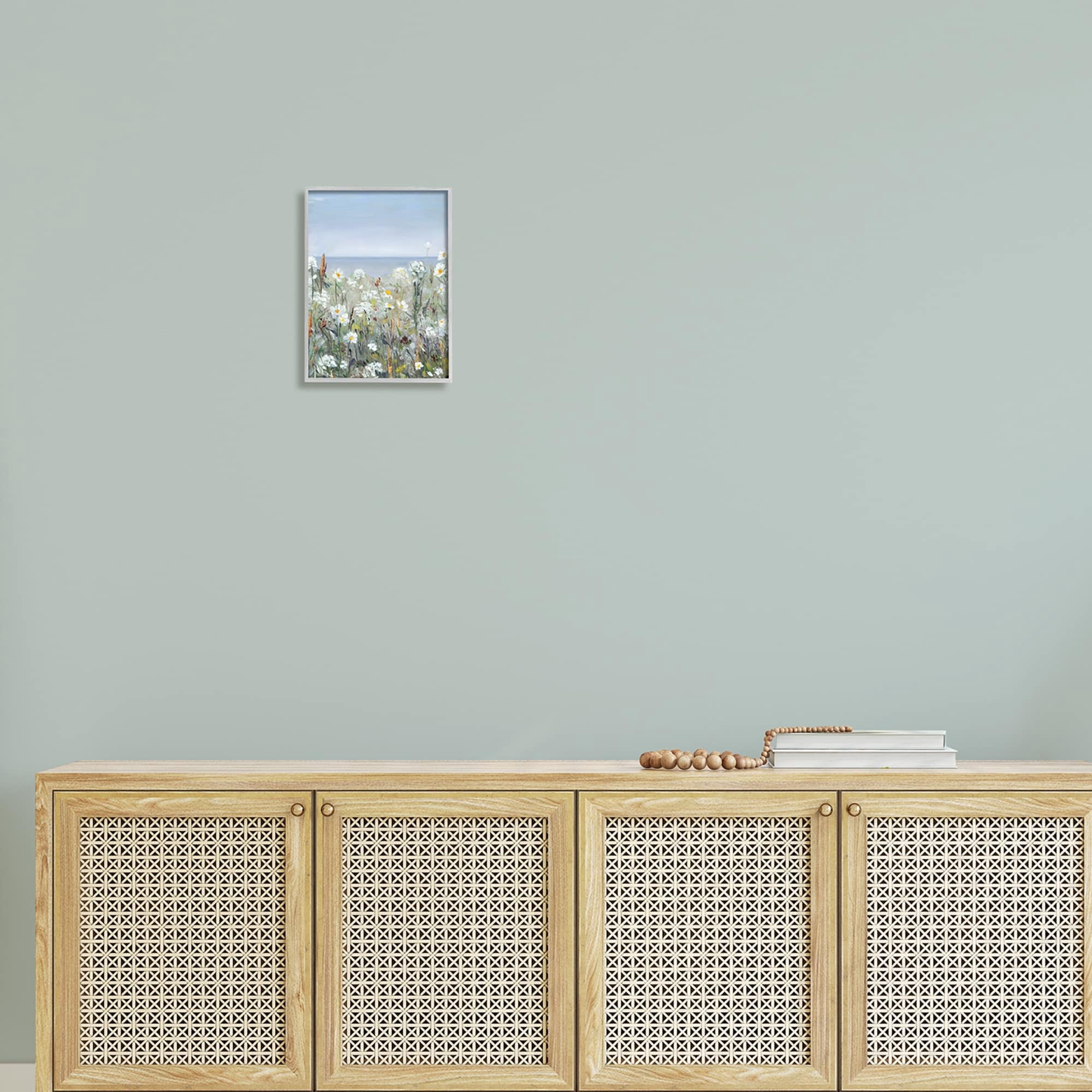 Stupell Industries Pleasant Summer Flower Field Distant Beach Shore Painting Gray Framed Art Print Wall Art, Design by Sally Swatland