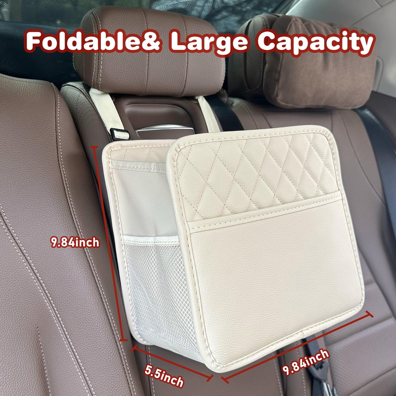Witaxima Beige Car Trash Bag Hanging, 2.14 Gal Car Trash Can with Storage Pockets, PU Leather Backseat Organizer for Cars, SUVs, Trucks