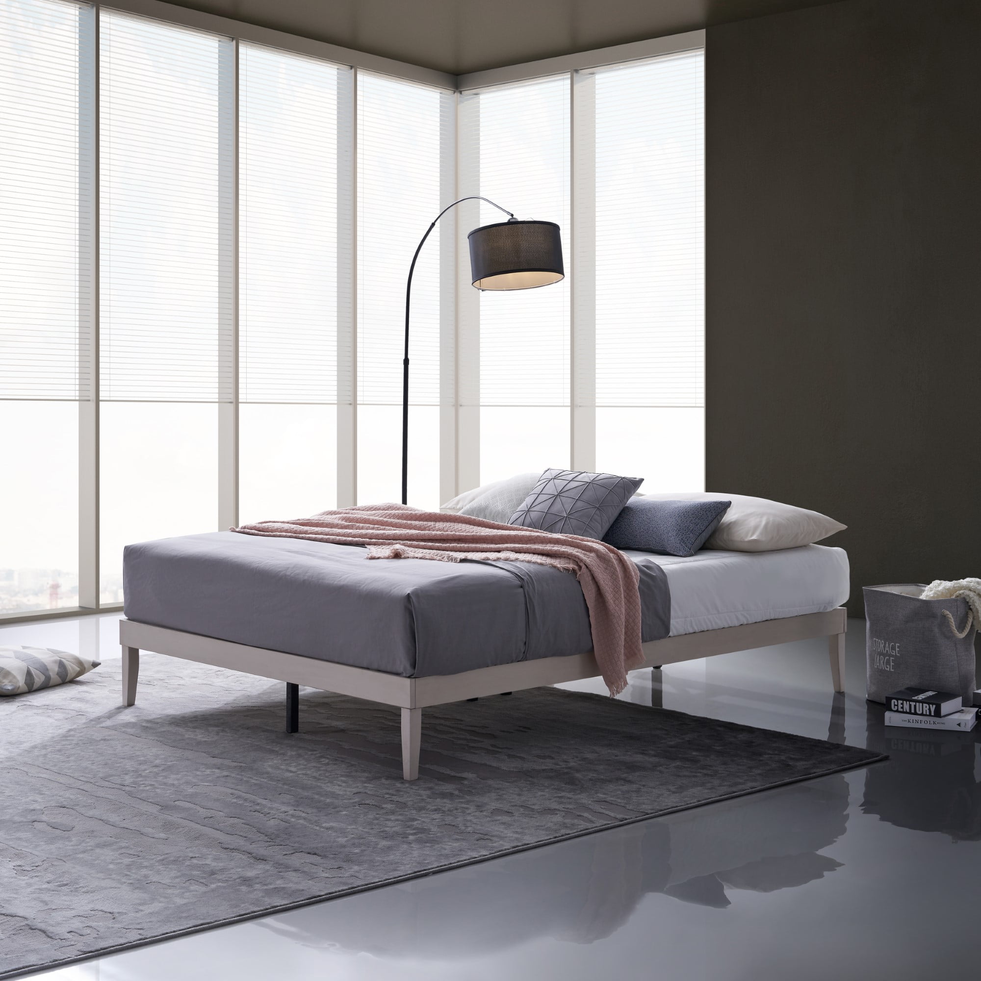 Home Design Zion Full Solid Wood Platform Bed Frame with Slatted Wood Kit and Center Support, Antique White, Easy Assembly