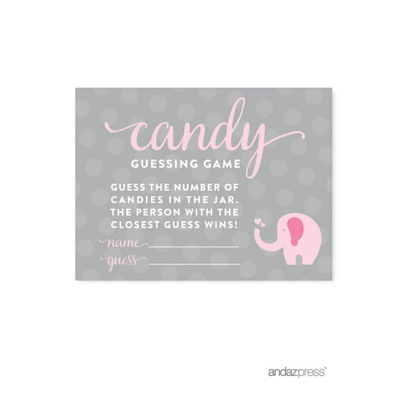 Candy Guessing Game Bubblegum Pink Girl Elephant Baby Shower Fun Game Cards, 30-Pack