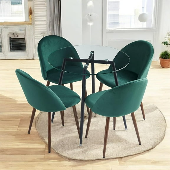 Anchorhome Modern 5-Piece Round Glass Dining Table Set with Comfort Velvet Chairs - Space-Saving Kitchen Furniture for Small Apartments