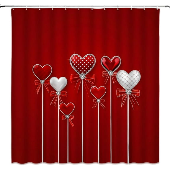 Red Heart Shower Curtain Valentine''s Day Love Heart Diamond Bow Romantic Theme Valentines Couple Sweet Wedding Modern Fashion Bathroom Curtains with Hooks