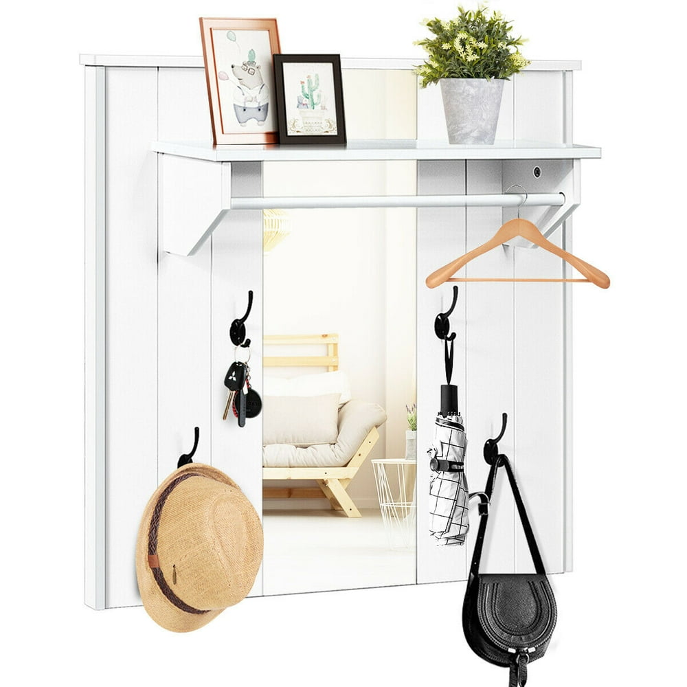 Gymax Wall Mounted Mirror Coat Hat Rack Storage Shelf w/4 Hooks