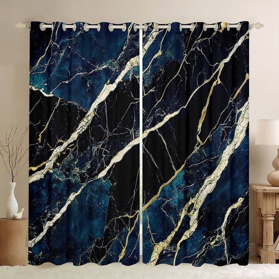Homewish Marble Texture Road Black Out Curtains,Modern Fluid Art Curtains Pack of 2 (42x63 Each),Gold Black Blue Bedroom Curtains For Girl,Microfiber Room Decoration