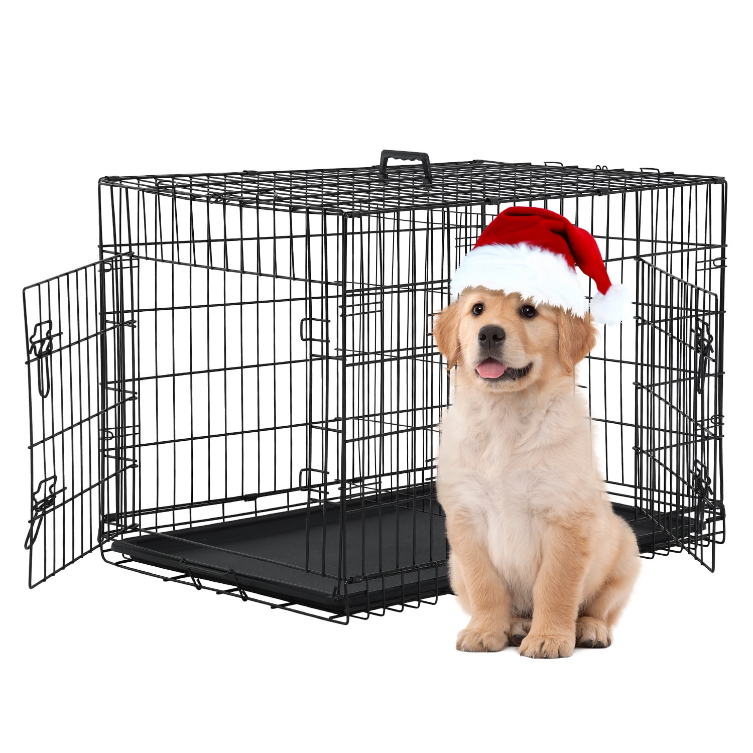 CL.HPAHKL Small Wire Dog Crate, Folding Metal Dog Kennel Double Door Dog Cage with Plastic Tray, Puppy Crate for Small Dog Indoor Outdoor Travel (Black, 24 inch)