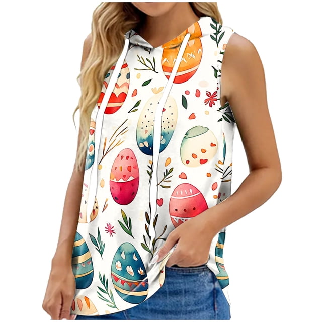 Tops de Ajuste Suelto para las Mujeres de Moda Impresa con Capucha sin Mangas, Poliéster