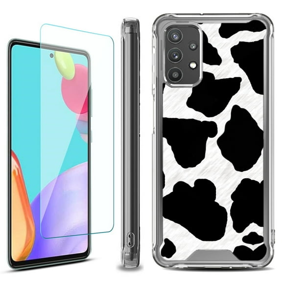 Shockproof Bumper Phone Case for Samsung Galaxy A53 5G, with Tempered Glass Screen Protector, by OneToughShield ® - Cow Skin Design